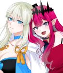  2girls baobhan_sith_(fate) baobhan_sith_(first_ascension)_(fate) bare_shoulders blue_choker blue_eyes blush breasts choker cleavage closed_mouth detached_sleeves earrings fang fate/grand_order fate_(series) grey_eyes highres jewelry kawairuka_ko long_hair looking_at_viewer morgan_le_fay_(fate) mother_and_daughter multiple_girls open_mouth pink_hair pointy_ears sidelocks smile upper_body white_background 