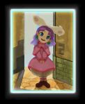  1girl absurdres akumesik blue_eyes crying crying_with_eyes_open dress earrings full_body grandia grandia_i highres jewelry long_hair looking_at_viewer open_mouth purple_hair puui_(grandia) smile socks solo striped_clothes striped_socks sue_(grandia) tears 
