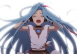  1girl arms_up bangs belt blue_eyes blue_hair braid brooch brown_gloves collar crying floating_hair gloves granblue_fantasy half-closed_eyes hands_on_own_head jewelry long_hair looking_at_viewer lyria_(granblue_fantasy) midriff mifuta parted_bangs shirt single_braid solo tears teeth upper_body white_shirt 