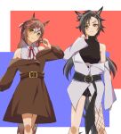  2girls air_shakur_(umamusume) alternate_costume animal_ears asymmetrical_bangs bare_shoulders belt black_hair black_shirt black_shorts brown_coat brown_hair closed_mouth clover_hair_ornament coat crop_top feet_out_of_frame fine_motion_(umamusume) frown hair_down hair_ornament hand_up highres horse_ears horse_girl horse_tail jacket kii_(tcw10310301) long_sleeves multiple_girls off_shoulder orange_eyes shirt shorts sleeveless sleeveless_shirt smile tail umamusume white_shirt yellow_eyes 