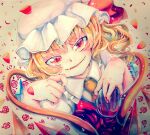  1girl blonde_hair collared_shirt crystal fangs flandre_scarlet flower frilled_shirt_collar frills hat highres looking_at_viewer matsukuzu mob_cap nail_polish open_mouth puffy_short_sleeves puffy_sleeves red_eyes red_flower red_nails red_petals red_rose red_vest rose shirt short_sleeves simple_background solo touhou upper_body vest white_headwear white_shirt wings 