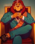 anthro chair clock clothed clothing disney eyewear felid fully_clothed furniture glasses hi_res knuxlight lion male mammal mane mufasa pantherine sash sitting smile solo suit the_lion_king watch