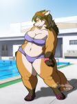 2019 anthro artist_name big_breasts bikini black_hair bottomwear breasts canid canine clothing curvy_figure digital_media_(artwork) female footwear fox hair hi_res mammal michelle_(xxsparcoxx) navel pool sandals solo swimwear thick_thighs topwear voluptuous wide_hips xxsparcoxx