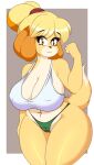 absurd_res animal_crossing anthro big_breasts big_butt blonde_hair breasts brown_eyes butt camel_toe canid canine canis clothing dipstick_hair dipstick_tail domestic_dog female fur hair hi_res isabelle_(animal_crossing) mammal markings navel nintendo nipple_outline ponytail shih_tzu shirt slightly_chubby slightly_chubby_female solo tail tail_markings tank_top thong topwear toy_dog underwear wide_hips yellow_body yellow_fur zelripheth