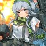  1girl bow bowtie breasts closed_mouth explosion green_bow green_bowtie green_hairband grey_eyes grey_hair grey_skirt hair_between_eyes hair_ornament hair_scrunchie hairband highres kantai_collection long_hair looking_at_viewer rigging scrunchie shirt short_sleeves signature skirt small_breasts solo sunday_aki suspender_skirt suspenders turret very_long_hair yamagumo_(kancolle) 