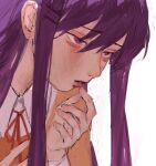  1girl collared_shirt doki_doki_literature_club hair_ornament hairclip hand_up hatena_(nazequestion) highres jitome long_hair long_sleeves neck_ribbon parted_lips purple_eyes purple_hair red_ribbon ribbon shirt sketch solo upper_body white_background yellow_shirt yuri_(doki_doki_literature_club) 