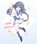  1girl :d ascot black_socks blue_ascot blue_eyes box brown_footwear cardigan_vest collared_shirt commentary_request confetti dated fu_hua full_body gift gift_box grey_background grey_hair hair_between_eyes happy_birthday highres holding honkai_(series) honkai_impact_3rd jingwei_(bird) loafers long_hair long_sleeves looking_at_viewer manfu_w pleated_skirt puffy_long_sleeves puffy_sleeves shirt shoes skirt smile socks solo two-tone_background very_long_hair white_background white_shirt white_skirt 