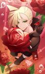  1boy blonde_hair blush bubble closed_mouth commentary_request ear_piercing flower gladion_(pokemon) green_eyes highres hood hood_down light_rays male_focus mocacoffee_1001 pants petals piercing pokemon pokemon_sm red_flower red_footwear shoes short_hair smile solo split_mouth torn_clothes torn_pants 