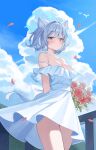  1girl alternate_costume animal_ears arms_behind_back bare_shoulders blue_archive blue_eyes blue_halo blue_sky blush breasts bright_pupils cleavage closed_mouth cloud cloudy_sky commentary dress grey_hair halo highres looking_at_viewer medium_breasts mismatched_pupils nannung off-shoulder_dress off_shoulder outdoors shiroko_(blue_archive) short_hair sky solo strap_slip sundress symbol-only_commentary thighs white_dress white_pupils wolf_ears wolf_girl 
