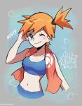  1girl artist_name blue_background blue_eyes breasts character_name cleavage closed_mouth collarbone commentary cropped_torso english_commentary eyelashes grey_background highres midriff misty_(pokemon) navel one_eye_closed orange_hair poke_ball_print pokemon pokemon_frlg print_towel red_towel short_hair smile starmie touyarokii towel twitter_username two-tone_background 
