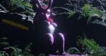 absurd_res anthro breasts exposed_breasts female forest forest_background hi_res humanoid lovander nature nature_background night nude pal_(species) palworld pink_body plant solo theyellowfeathers tree