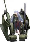  1girl ash_arms belt blue_hair braid breasts cannon character_request full_body hair_ornament long_hair looking_at_viewer marfusha mecha_musume medium_breasts official_art open_mouth pantyhose purple_eyes shoes side_braid sitting sleepy solo thigh_belt thigh_strap transparent_background uniform weapon 