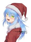  1other absurdres blue_hair blush christmas hat highres humanization long_hair looking_back nukogami_(minniecatlove21) rimuru_tempest santa_hat simple_background tensei_shitara_slime_datta_ken yellow_eyes 