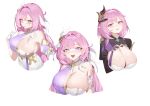  1girl absurdres bare_shoulders blush breasts cleavage closed_mouth cropped_torso dress elysia_(herrscher_of_human:ego)_(honkai_impact) elysia_(honkai_impact) elysia_(miss_pink_elf)_(honkai_impact) gloves hair_ornament hand_up highres honkai_(series) honkai_impact_3rd huge_breasts lcy_bingzi long_hair multiple_views open_mouth pink_eyes pink_hair pointy_ears purple_eyes simple_background smile white_background white_dress white_gloves 