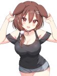  1girl :d animal_ears armpit_peek bare_shoulders black_choker black_shirt blush breasts brown_hair choker cleavage collarbone cowboy_shot dog_ears dog_girl floppy_ears grey_shorts hair_between_eyes hair_over_shoulder hand_on_own_ear hands_up highres hololive inugami_korone ishida_aya large_breasts legs_together long_hair looking_at_viewer low-tied_long_hair o-ring o-ring_choker open_mouth orange_eyes shirt short_shorts shorts sidelocks simple_background sleeveless sleeveless_shirt smile solo teeth thighs upper_teeth_only virtual_youtuber white_background 
