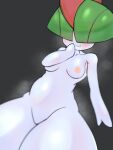  2_horns arm_by_side blush breasts closed_smile covering covering_mouth female front_view generation_3_pokemon giggle green_hair grey_background hair hair_over_eyes horn humanoid nintendo pepper_gomashio pokemon pokemon_(species) ralts simple_background solo solo_focus steam video_games white_body young 