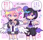  ? absurdres angel angel_wings ascot black_ascot black_hair black_nails black_pants black_shorts blush_stickers border chogakusei confused dadadada_tenshi demon_boy demon_horns demon_wings double_bun expressionless hair_bun highres horns index_finger_raised indie_utaite inset_border jacket jitome looking_at_another loose_socks meltic_hell_(nanawo_akari) multicolored_hair musical_note nanawo_akari open_mouth pants pink_background pink_eyes pink_hair pointing pointing_down pointing_up polka_dot polka_dot_background purple_hair purple_horns purple_wings richard_(richaball) shirt shorts smile socks speech_bubble twitter_username utaite white_border white_jacket white_shirt white_socks white_wings wings 