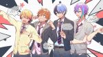  4boys adam&#039;s_apple annoyed aoyagi_touya aqua_hair belt black_belt black_hair black_jacket blazer blonde_hair blue_hair blue_necktie blue_pants cardigan clenched_teeth closed_eyes collared_shirt constricted_pupils covering_ears diagonal-striped_necktie diagonal_stripes drawstring dress_shirt earrings emphasis_lines finger_in_ear green_eyes grey_cardigan grey_eyes grey_jacket grin hair_between_eyes half-closed_eyes halftone hand_on_own_arm hand_on_own_chest height_chart height_difference highres hood hood_down hooded_jacket jacket jewelry kamishiro_rui kamiyama_high_school_uniform_(sekai) katayudehotaru light_blue_hair light_blush lineup male_focus mole mole_under_eye multicolored_hair multiple_boys necktie one_eye_closed open_clothes open_jacket orange_hair outstretched_arm pants parted_lips plugging_ears polka_dot polka_dot_background project_sekai purple_hair school_uniform serious shinonome_akito shirt short_hair_with_long_locks simple_background sleeves_rolled_up smile speech_bubble split-color_hair star_(symbol) starry_background streaked_hair striped stud_earrings sweatdrop teeth tenma_tsukasa twitter_username upper_body v-shaped_eyebrows white_background white_shirt yellow_cardigan yellow_eyes 
