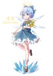  1girl :d absurdres bangs black_footwear blue_bow blue_eyes blue_hair blue_skirt blue_vest bouquet bow cirno cirno_day collared_shirt crown dated flower frilled_skirt frills full_body hair_bow highres holding holding_bouquet ice ice_wings lbcirno9 looking_at_viewer open_mouth puffy_short_sleeves puffy_sleeves shirt short_hair short_sleeves simple_background skirt smile socks solo touhou vest white_background white_shirt white_socks wings 
