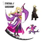 1girl alternate_color alternate_costume alternate_hairstyle black_thighhighs blonde_hair character_name chest_sarashi commentary cynthia_(pokemon) english_commentary eyeshadow garchomp hair_over_one_eye holding holding_scythe holding_weapon kunai long_hair makeup mega_garchomp official_art_inset okobo open_mouth pink_eyeshadow pokemon pokemon_(creature) pokemon_dppt reference_inset rhymewithray sandals sarashi scythe shiny_pokemon simple_background sparkle standing thighhighs weapon white_background wide_sleeves 
