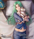  1girl artist_name blue_pajamas cm_lynarc commission curtained_hair english_commentary eyelashes fire_emblem fire_emblem:_path_of_radiance green_hair helmet highres holding holding_stuffed_toy indoors long_hair looking_at_viewer lying navel nephenee_(fire_emblem) on_back on_bed pajamas pillow smile solo stuffed_toy stuffed_winged_unicorn teeth unworn_headwear 