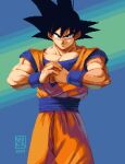  1boy absurdres black_eyes black_hair closed_mouth dated dougi dragon_ball dragon_ball_z hair_between_eyes highres looking_at_viewer male_focus muscular muscular_male nerkinpixel own_hands_together pixel_art signature simple_background smirk solo son_goku spiked_hair wristband 