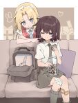  2girls amelia_lee backpack bag bandaid bandaid_on_leg beatrice_reden blonde_hair blue_necktie blush breast_pocket brown_eyes brown_hair chocolate_chip_cookie closed_mouth collared_shirt cookie cookie_jar couch feet_out_of_frame finger_to_another&#039;s_cheek food gauze_on_knee grey_eyes grey_necktie grey_skirt grey_socks hair_between_eyes hairband heart heart-shaped_pupils highres holding holding_cookie holding_food holding_jar i_love_amy jar kneehighs knees_together_feet_apart looking_at_another maidcode1023 medium_hair miniskirt multiple_girls necktie one_eye_closed parted_bangs pillow pleated_skirt pocket red_sweater_vest school_uniform shirt short_sleeves single_kneehigh single_sock sitting skirt smile socks sweater_vest symbol-shaped_pupils v-neck white_hairband white_shirt yuri 