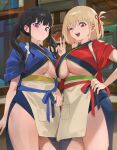  2girls ;d apron black_hair blonde_hair blue_kimono bob_cut breasts cleavage closed_mouth hair_ribbon hand_on_hip highres hood_(james_x) indoors inoue_takina japanese_clothes kimono large_breasts long_hair looking_at_viewer lycoris_recoil multiple_girls nishikigi_chisato one_eye_closed one_side_up open_mouth purple_eyes red_eyes red_kimono red_ribbon ribbon short_hair smile teeth thighs twintails underboob upper_teeth v yukata 