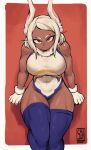  1girl 2024 animal_ears artist_logo bare_shoulders boku_no_hero_academia border breasts covered_abs covered_navel crescent_print dark-skinned_female dark_skin fur_collar gloves highleg highleg_leotard highres large_breasts leotard long_eyelashes looking_at_viewer medium_hair mirko parted_bangs purple_thighhighs rabbit_ears rabbit_girl red_background red_eyes sagaandersart sleeveless_turtleneck_leotard solo taut_leotard thick_thighs thighhighs thighs toned white_border white_gloves white_hair white_leotard 