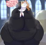  &lt;3 anthro big_breasts big_tail bite biting_lip blonde_hair bodily_fluids boxgoat breasts candle church clasped_hands dialogue eyewear female fur glasses hair half-closed_eyes hi_res huge_breasts looking_at_viewer mammal maple_(maplemash) musk narrowed_eyes nipple_outline nun obese overweight procyonid raccoon solo sweat white_body white_fur yellow_body yellow_fur 