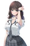  1girl :3 :p arm_at_side arm_up blush bracelet breast_pocket breasts brown_hair cleavage collarbone collared_shirt commentary curly_sidelocks dot_nose dress_shirt eyes_visible_through_hair grey_eyes grey_necktie grey_skirt hand_in_own_hair highres jewelry kakuremino7928 looking_at_viewer loose_necktie necklace necktie original pendant plaid plaid_necktie plaid_skirt pocket school_uniform shirt shirt_tucked_in short_sleeves simple_background skirt solo tongue tongue_out twitter_username upper_body wavy_hair white_background white_shirt 