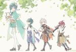  4boys aged_down akzr_12 armor bead_necklace beads black_hair blue_hair braid cape closed_mouth flower genshin_impact gloves green_eyes green_headwear grey_hair hat highres holding holding_hands holding_instrument instrument japanese_armor japanese_clothes jewelry kaedehara_kazuha kote kurokote leaf leaf_print long_sleeves lyre magnifying_glass male_focus multicolored_hair multiple_boys necklace orange_eyes parted_lips ponytail red_eyes red_hair shikanoin_heizou shoes shorts streaked_hair tassel venti_(genshin_impact) vision_(genshin_impact) walking white_flower xiao_(genshin_impact) 