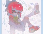  1girl ankle_socks bandaid bandaid_on_face blue_border blue_bow blunt_bangs border bow bowtie brooch chinese_commentary closed_mouth clothes_pin collared_shirt dot_nose gradient_clothes green_bow green_bowtie hair_bow highres inkling inkling_girl inkling_player_character izumi_087 jewelry leg_up long_sleeves medium_hair miniskirt pink_eyes pink_hair pink_sweater pleated_skirt pointy_ears red_footwear safety_pin shirt shoes single_tear sitting skirt sneakers socks solo splatoon_(series) star_brooch sweater tentacle_hair two-tone_sweater white_shirt white_skirt white_socks white_sweater 