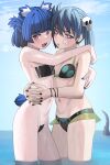  2girls alien_print animal_ears arms_around_back arms_around_waist bandaid bandaid_on_cheek bandaid_on_face bear_ears bear_tail bikini black_bikini black_nails blue_hair blue_nails blue_sky blush breasts bright_pupils cloud covered_navel double_vertical_stripe earrings fang gris_(vertigris) gris_swimsuit hair_between_eyes hair_ornament highleg highleg_swimsuit highres hoop_earrings hug interlocked_fingers jewelry ji-yoon_(jourd4n) jourd4n looking_at_viewer meme_attire multiple_girls ocean open_mouth original outdoors partially_submerged pink_eyes red_eyes see-through_swimsuit short_hair skull_hair_ornament sky small_breasts smile strapless strapless_one-piece_swimsuit swimsuit tail tentacles twintails underboob wet white_pupils 