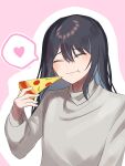  1girl ^_^ absurdres ado_(utaite) black_hair blue_hair chando_(ado) closed_eyes closed_mouth cloud_nine_inc colored_inner_hair commentary eating food food_on_face grey_sweater hair_between_eyes hashtag_only_commentary heart highres long_hair mole mole_under_eye multicolored_hair outline pink_background pizza sidelocks simple_background solo spoken_heart sweater tsukuno_tsuki upper_body utaite white_outline 