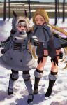  2girls alvis_(last_origin) animal_ears bangs black_footwear black_gloves black_hairband blonde_hair boots braid braided_bangs breasts coat day english_commentary fur-trimmed_boots fur_trim gloves green_eyes grey_coat gun hair_between_eyes hairband hands_on_own_knees highres large_breasts last_origin leaning_forward long_hair long_sleeves multiple_girls nyanom nymph_(last_origin) open_mouth outdoors pointing red_eyes short_hair snow standing thigh_strap very_long_hair weapon weapon_on_back 