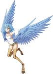  1girl ahoge artist_request bare_shoulders bird_legs blue_hair blue_wings blush breasts feathered_wings feathers full_body game_cg harpy monster_girl monster_musume_no_iru_nichijou monster_musume_no_iru_nichijou_online official_art papi_(monster_musume) small_breasts talons tank_top transparent_background white_tank_top winged_arms wings yellow_eyes 
