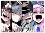  4girls ahoge black_hair black_headwear blue_archive blue_necktie braid closed_eyes closed_mouth collared_shirt demon_horns evil_smile gloves grey_eyes grey_hair haruna_(blue_archive) hat highres himiya_jouzu horns kaya_(blue_archive) long_hair looking_at_viewer makoto_(blue_archive) multiple_girls necktie open_mouth peaked_cap pink_hair red_eyes red_horns shaded_face shirt single_braid smile tongue tongue_out tsurugi_(blue_archive) white_gloves white_shirt 