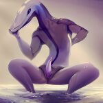  1:1 abstract_background alien anthro genitals hi_res male marine penis smooth_skin solo standing_in_water tapering_penis water whalezor 