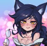  1girl :q ahri_(league_of_legends) animal_ears bangs bare_shoulders black_hair blue_background blush breasts cleavage collarbone commentary_request fox_ears fox_girl glasses holding large_breasts league_of_legends long_hair looking_at_viewer off_shoulder phantom_ix_row pink_background shiny shiny_hair shiny_skin smile solo tongue tongue_out 