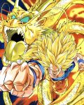  1boy blonde_hair blue_wristband clenched_hand dougi dragon dragon_ball dragon_ball_z dragon_fist_(dragon_ball) dragon_horns eastern_dragon explosion green_eyes highres horns long_hair male_focus muscular muscular_male no_eyebrows no_pupils official_style oharu2000 open_mouth punching sharp_teeth shenron_(dragon_ball) son_goku spiked_hair super_saiyan super_saiyan_3 teeth toriyama_akira_(style) torn_clothes very_long_hair whiskers yellow_scales 