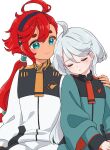  2girls ahoge asticassia_school_uniform black_hairband blue_eyes closed_eyes closed_mouth commentary_request cowlick dot_nose green_jacket grey_hair gundam gundam_suisei_no_majo hair_between_eyes hairband hand_on_another&#039;s_shoulder highres jacket light_blush long_hair long_sleeves low_ponytail miorine_rembran multiple_girls parted_lips red_hair sakura_mochi_(kanade-8961-uriuri) school_uniform short_eyebrows shorts shoulder_boards side-by-side simple_background sleeping smile split_mouth suletta_mercury thick_eyebrows very_long_hair white_background white_jacket white_shorts wide_sleeves 