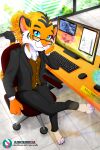  absurd_res anthro blue_eyes building chair clothed clothing computer computer_mouse day desk detailed_background digital_media_(artwork) ear_piercing ear_ring eyewear felid feline female fur furniture glasses hi_res inside keyboard light looking_at_viewer mammal monitor mrs. office office_chair office_clothing orange_body orange_fur pantherine piercing piporete ring_piercing signature sitting solo suit sunlight table text tiger url yorushika 