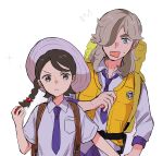  1boy 1girl arven_(pokemon) backpack bag bangs braid brown_eyes brown_hair collared_shirt green_eyes hair_over_one_eye hat highres hinata_(h_in_ryo2639) juliana_(pokemon) long_hair necktie pokemon pokemon_(game) pokemon_sv protecting purple_necktie shirt simple_background single_braid surprised vest white_shirt 