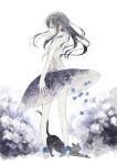  1girl bare_arms bare_legs black_cat black_hair black_skirt blue_flower breasts bug cat closed_eyes dress falling_flower flower high_heels highres long_hair original oseto_(oxxsexxto) painting_(medium) pale_skin shoes skirt sky_print sleeveless small_breasts solo standing stretching traditional_media watercolor_(medium) white_dress 
