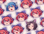  +_+ 1jumangoku 6+girls :o ^_^ animal_ear_fluff animal_ears argyle_background blue_hair blush_stickers bow brown_hair clenched_teeth closed_eyes closed_mouth expressionless eyelashes fins frown hair_bow head_fins head_only imaizumi_kagerou light_frown multiple_girls open_mouth outline purple_bow red_eyes red_hair sekibanki sekibanki_day sharp_teeth short_hair simple_background smile sparkling_eyes teeth touhou v-shaped_eyes wakasagihime white_background white_outline wide-eyed wolf_ears 