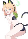  1girl absurdres animal_ear_headphones animal_ears ass bare_arms bare_legs bikini black_bikini blonde_hair blue_archive blush cat_tail fake_animal_ears feet_out_of_frame frilled_bikini frills green_eyes green_halo hagoonha halo headphones highres midori_(blue_archive) open_mouth short_hair simple_background smile solo swimsuit tail white_background 