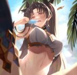  1girl black_ribbon breasts earrings fate/grand_order fate_(series) food from_below highres ishtar_(fate) jewelry kabocha_(monkey4) large_breasts long_hair open_mouth popsicle red_eyes ribbon solo sweat twintails 