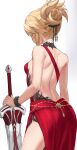  1girl bangs bare_shoulders blonde_hair braid breasts center_opening choker clarent_(fate) commentary fate/apocrypha fate_(series) french_braid from_behind highres holding holding_sword holding_weapon long_hair mordred_(fate) mordred_(fate/apocrypha) ponytail shoulder_blades sidelocks small_breasts smile solo sword tonee weapon wristband 