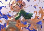  1boy absurdres closed_mouth commentary_request fur-trimmed_jacket fur_trim gradient_background green_jacket headpiece highres holding holding_weapon inkling inkling_boy inkling_player_character jacket koyomi_yamai male_focus orange_hair paint purple_background short_hair simple_background sloshing_machine_(splatoon) solo splatoon_(series) splatoon_3 tentacle_hair weapon yellow_eyes 